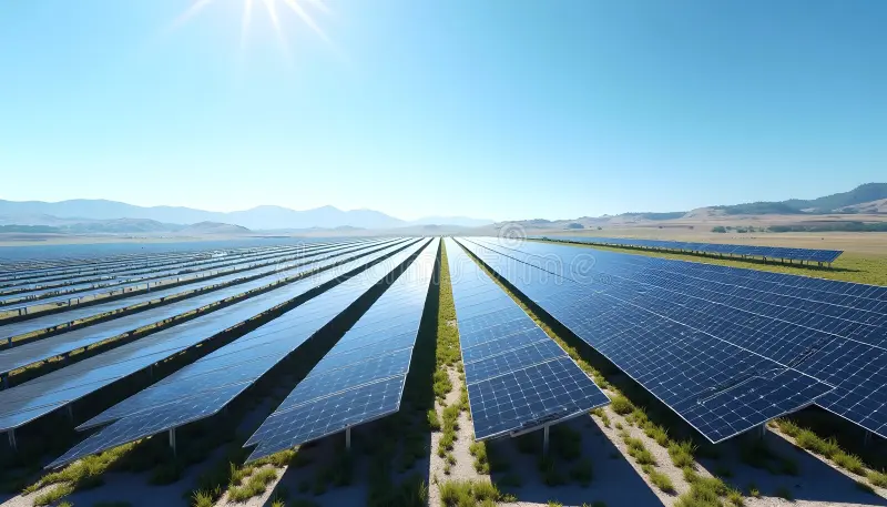 solar-panel-field-under-clear-blue-sky-panels-extends-distance-providing-clean-energy-various-applications-382430519